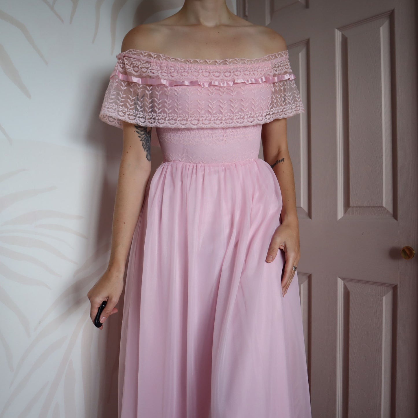 Baby pink 70s lace off shoulder dress UK 8