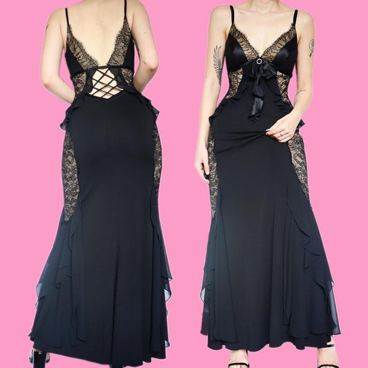 Dusk black stretch lace evening dress UK 12