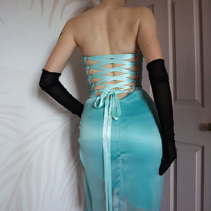 Blue strapless lace up evening midi dress UK 8-10