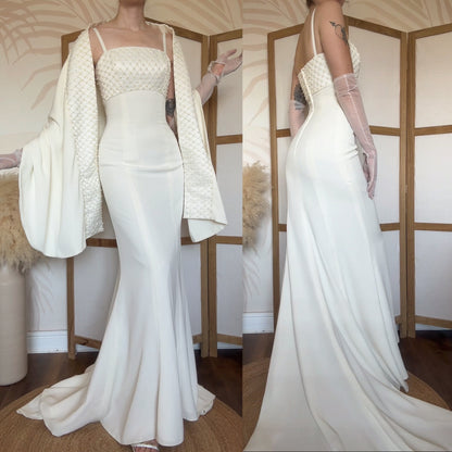 Rena Koh ivory figure hugging wedding dress & shawl uk 8-10