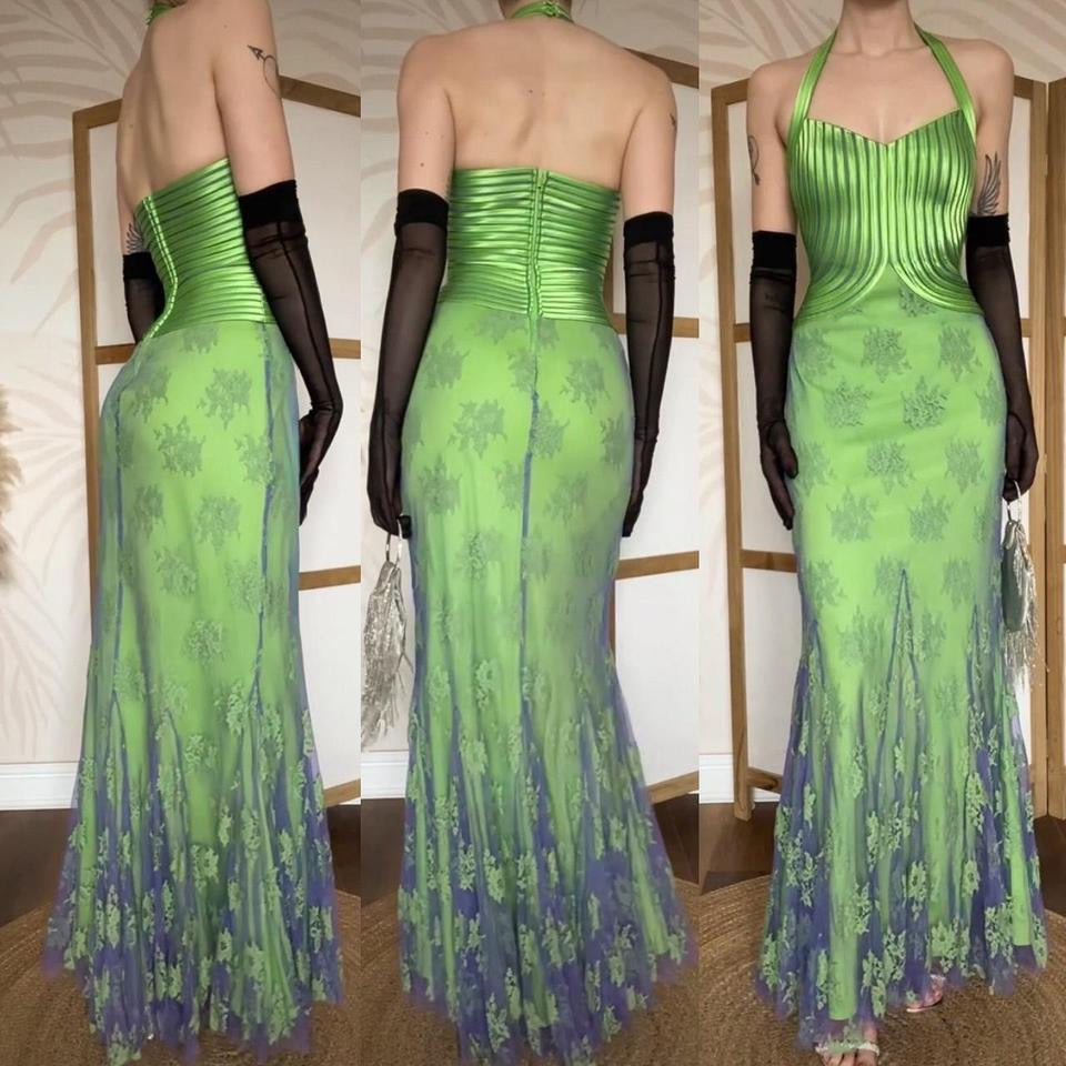 Electric green stretch lace halter-neck evening dress uk 12