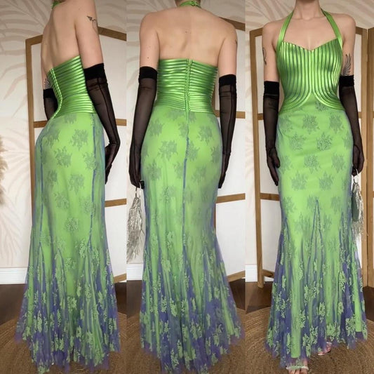 Electric green stretch lace halter-neck evening dress uk 12
