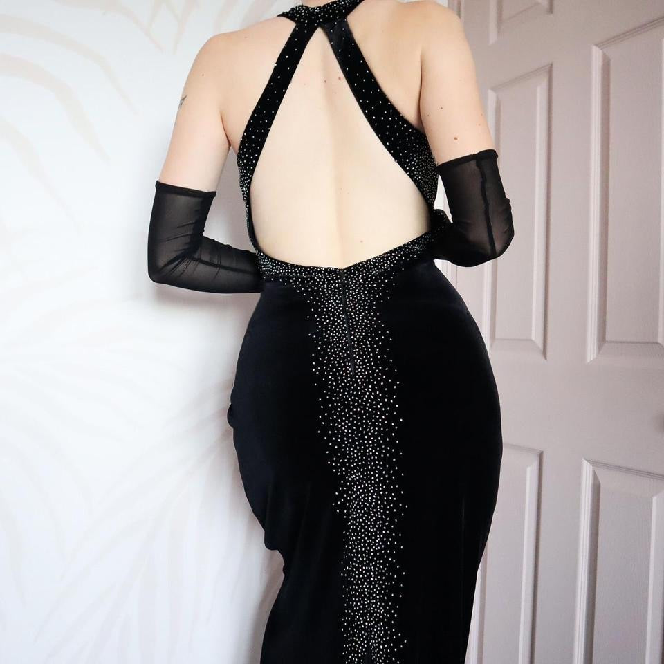 Black velvet 90s beaded evening gown UK 8