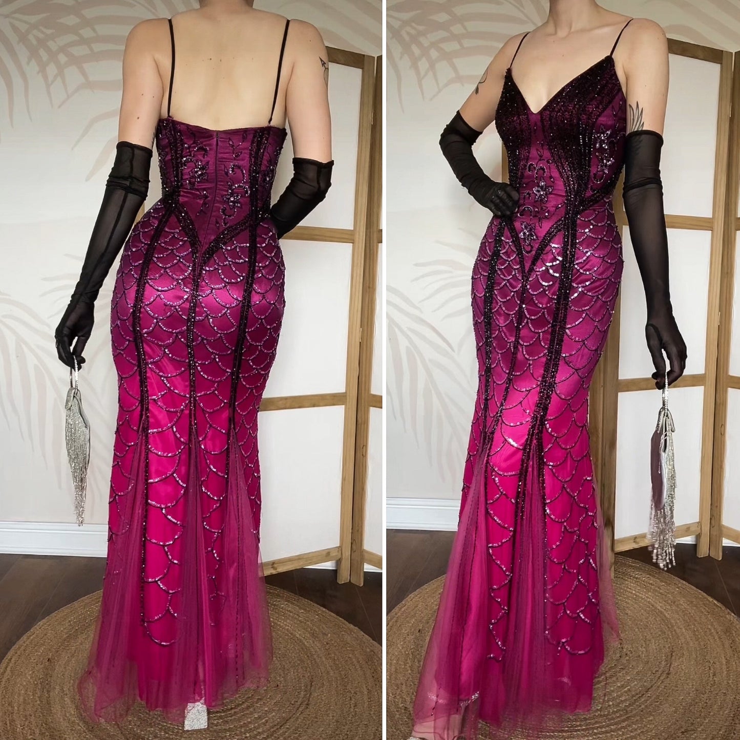 Pink 100% silk bead & sequin mermaid evening dress uk 10