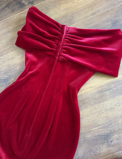 Red velvet petite off shoulder evening dress uk 8