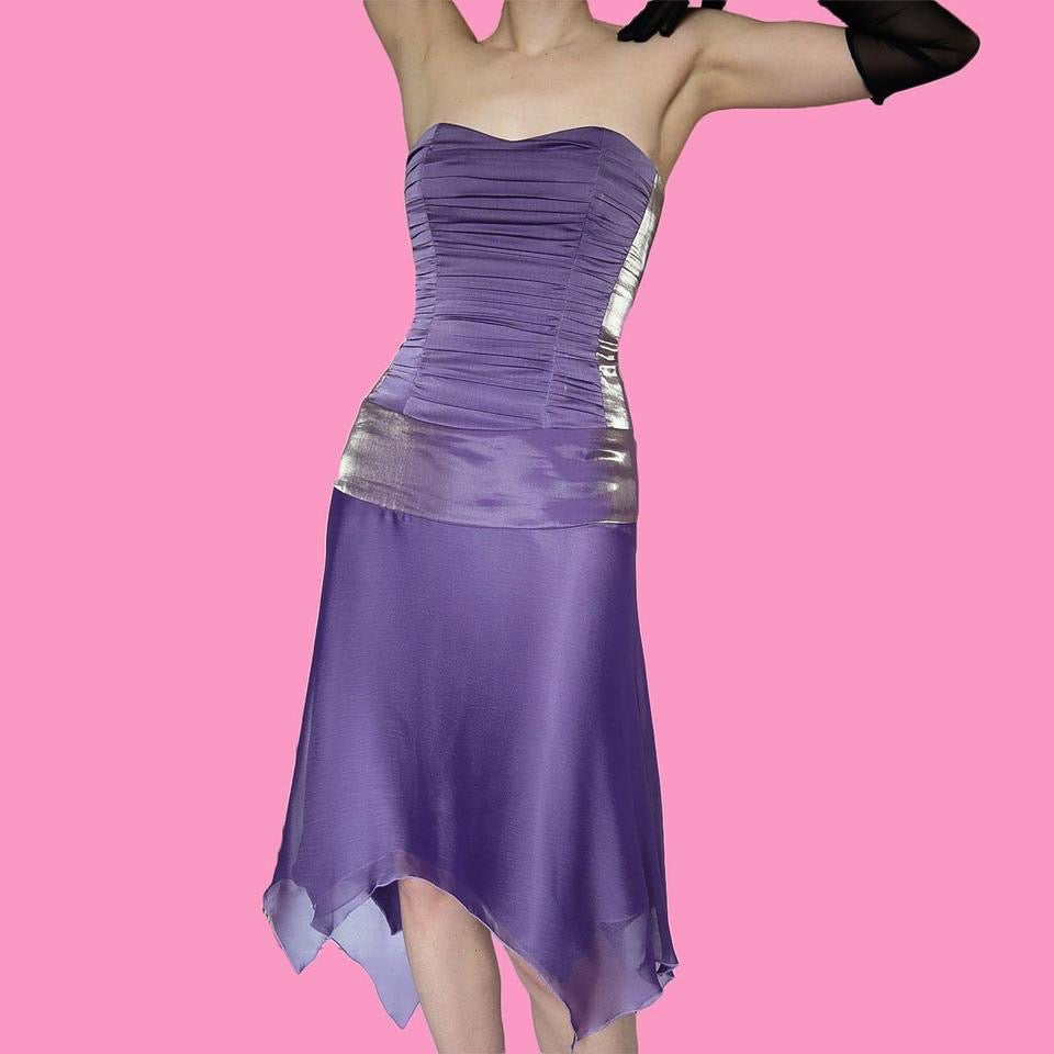 Purple strapless lace up back midi dress UK 8