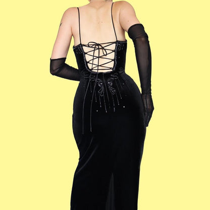 Black Dave & Johnny velvet beaded lace up back evening gown UK 12