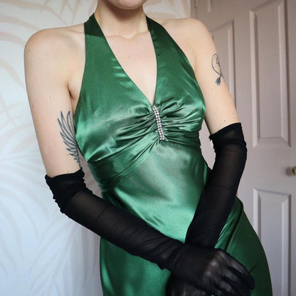 Green satin open back evening gown UK 10