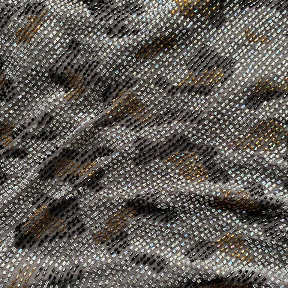 Grey silk leopard beaded evening dress UK 14