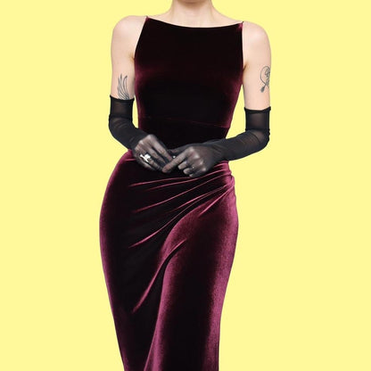 Petite burgundy velvet open back evening dress UK 10