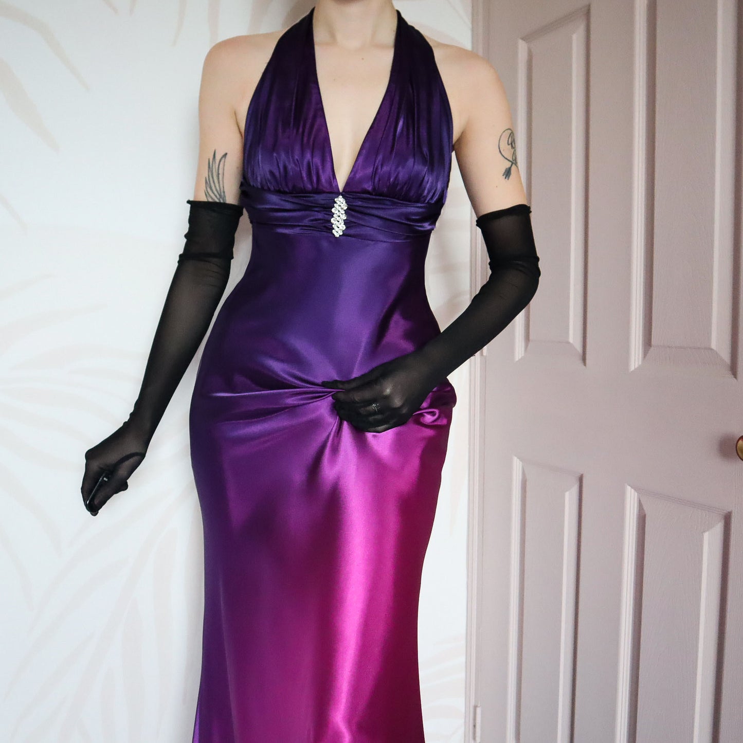 Purple & pink satin evening gown UK 8