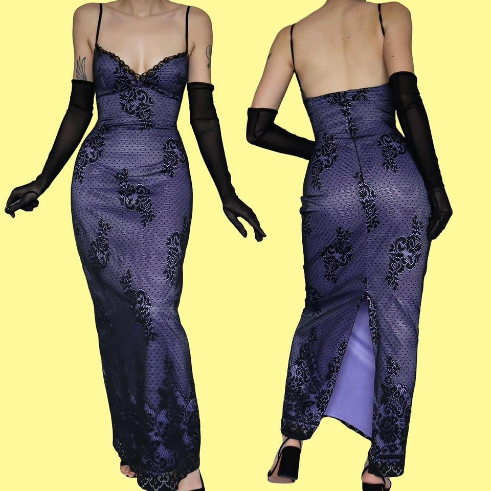 Purple & black lace fitted evening dress UK 10