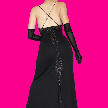 Black vintage 90s Dave & Johnny beaded stretch evening dress UK 16
