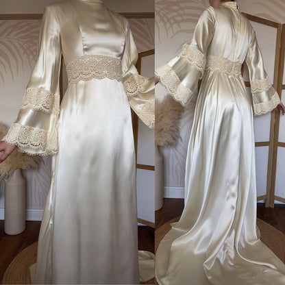 Ivory luxury satin long sleeve 70s wedding dress uk 12