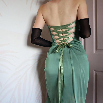 Green Charas Strapless Lace Up Midi Dress UK 10