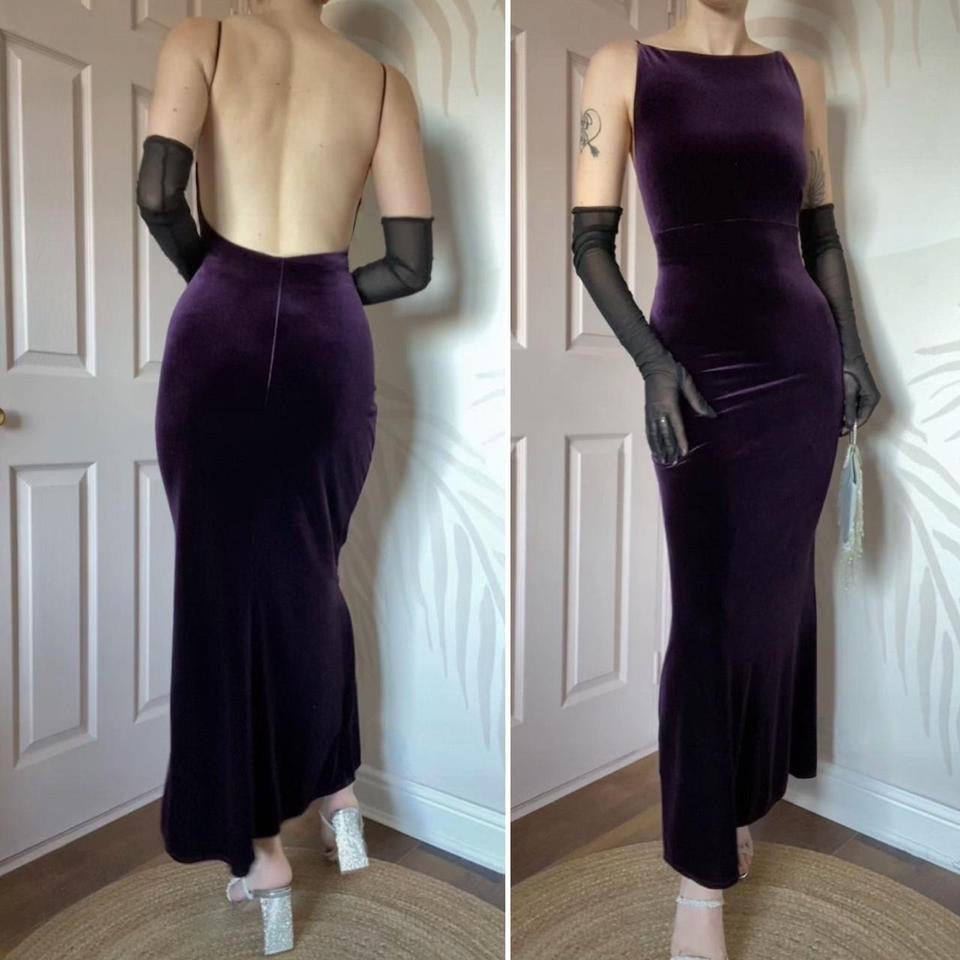 Purple velvet stretch low back evening dress UK 14