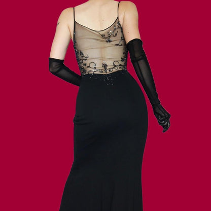 Black beaded sheer cut out evening dress UK 8-10