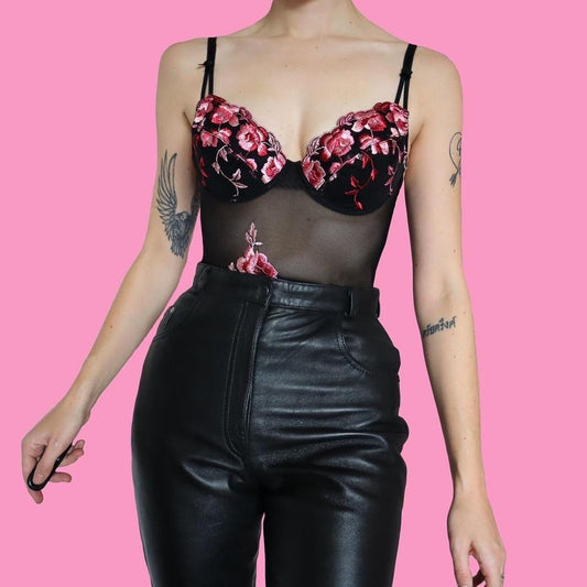 Black sheer floral bodysuit UK 36B