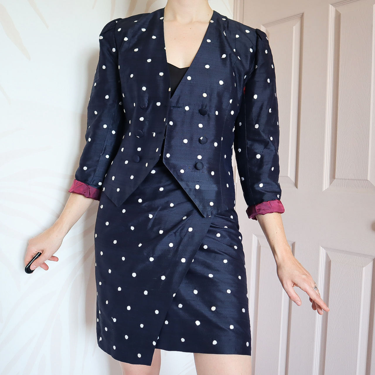 Polka dot Patsy Seddon 100% silk 2 piece UK 8