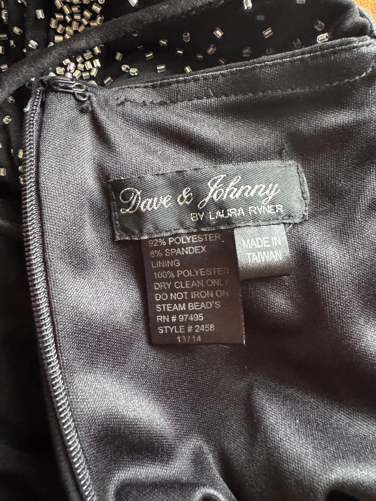 Black 90s Dave & Johnny beaded stretch halter neck evening dress UK 14