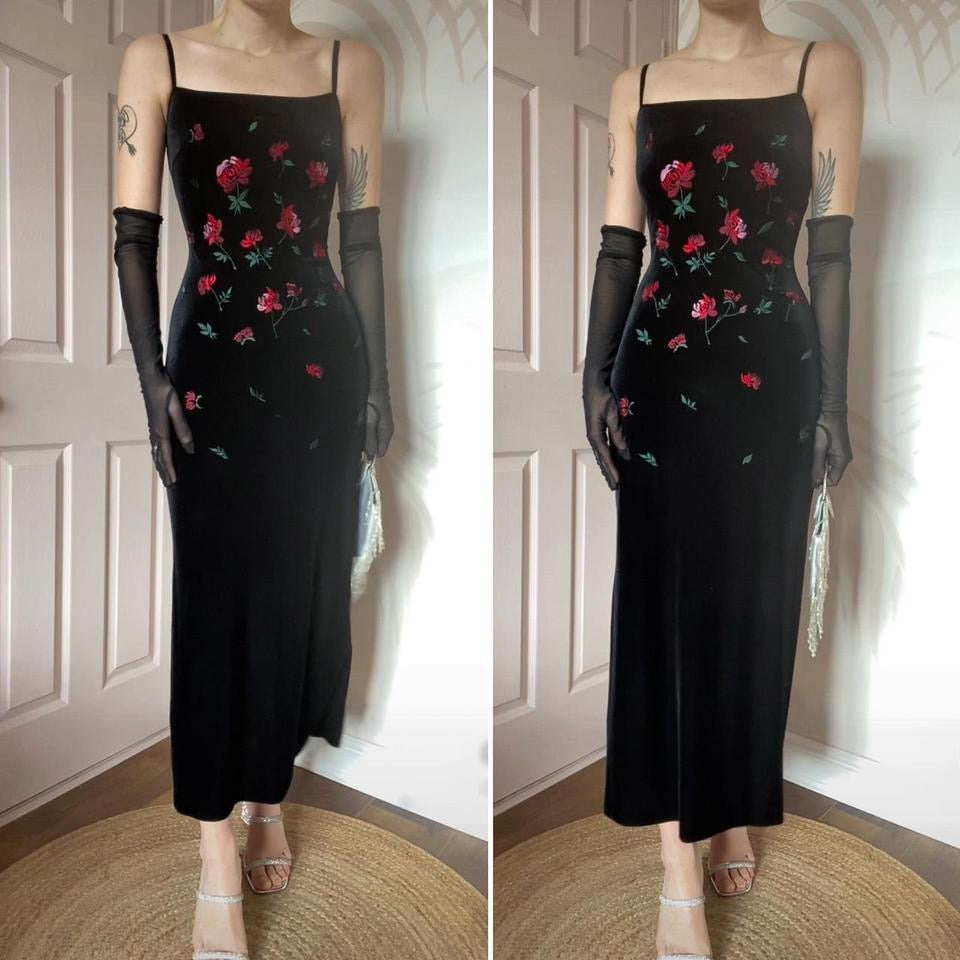 Monsoon black velvet stretch evening dress UK 12-14