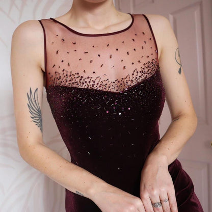 Debut burgundy velvet evening dress & shawl UK 12