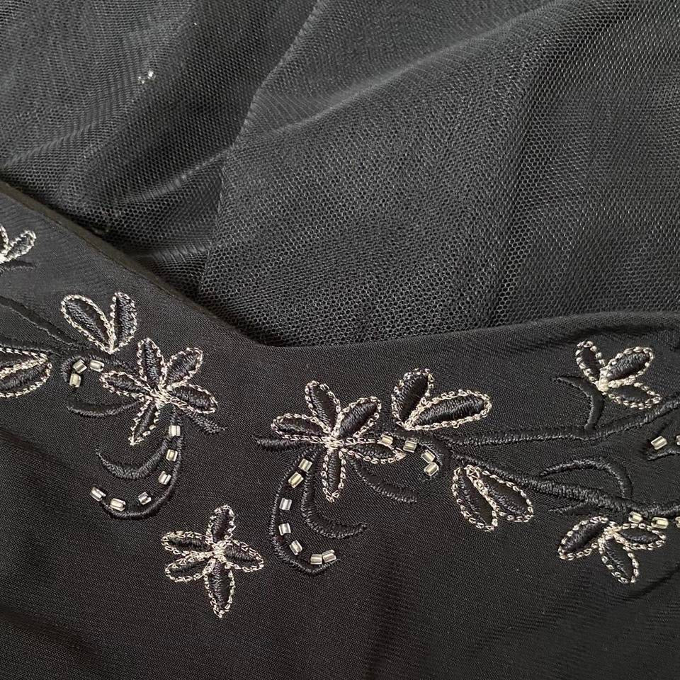 Black 90s stretch floral embroidered evening dress UK 14