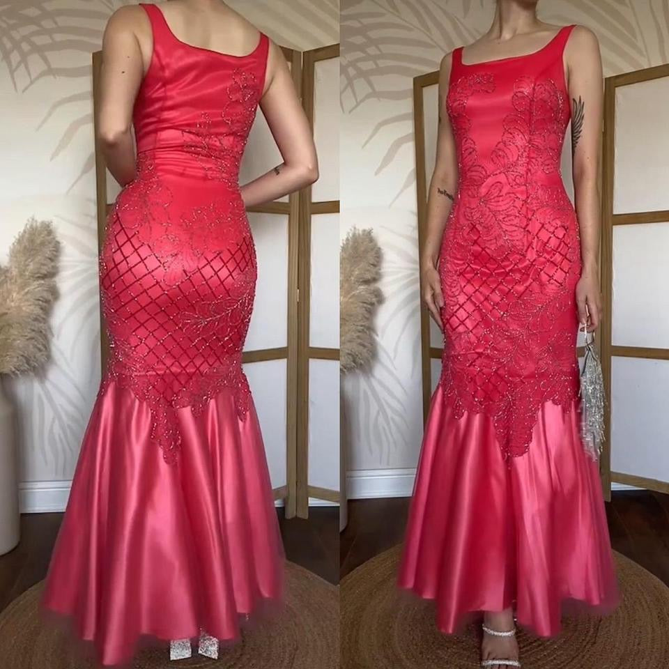 Yve London silk coral beaded fishtail  prom dress uk 10