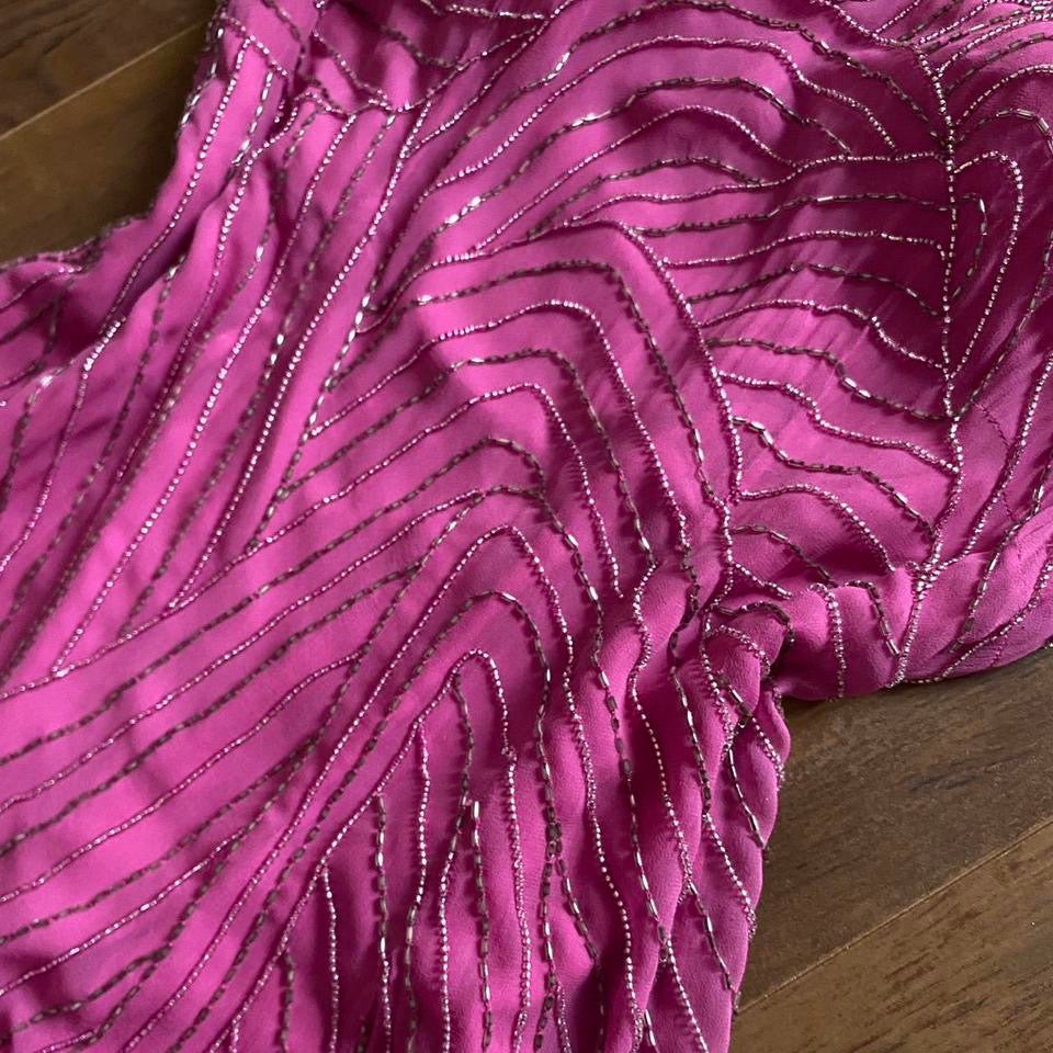 Fuchsia pink silk beaded evening dress UK 14