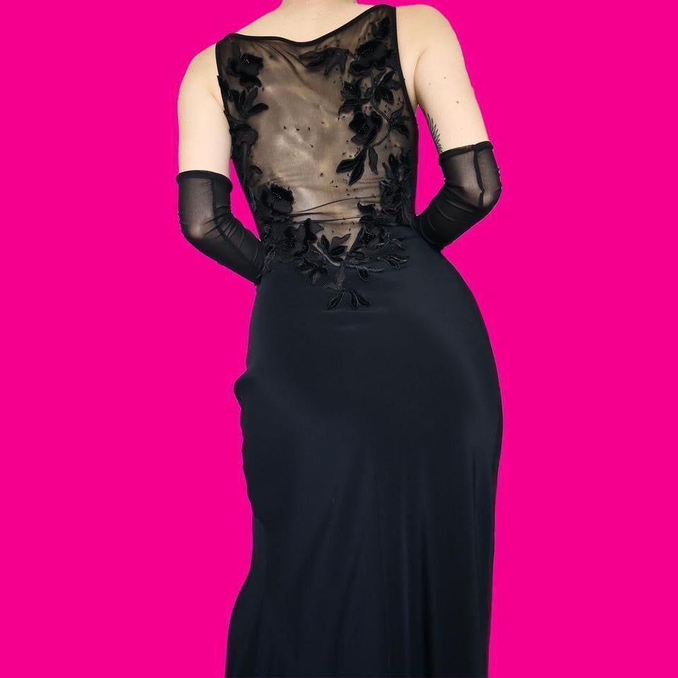 Black sheer back floral detail evening dress uk 8