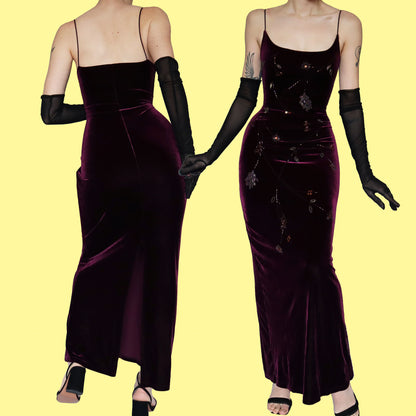 Dark purple velvet stretch beaded evening dress UK 12
