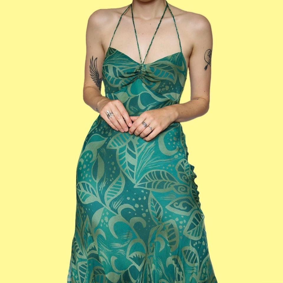 Principles green 100% silk print halter neck summer dress UK 12 Scum Vintage Principles green 100% silk print halter neck summer dress UK 12 Scum Vintage