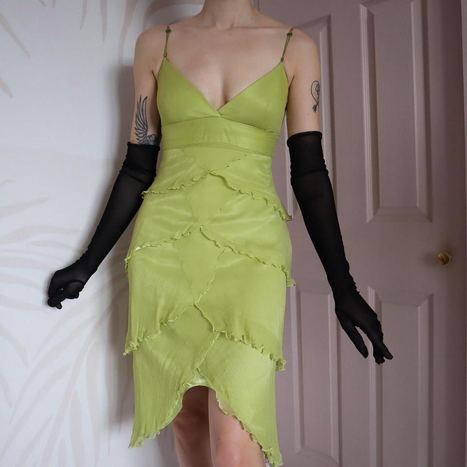 Green 100% silk fairy mini dress UK 12
