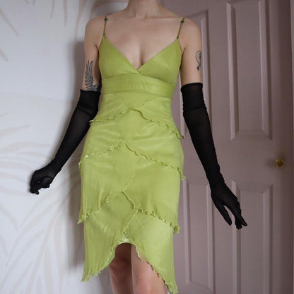 Green 100% silk fairy mini dress UK 12