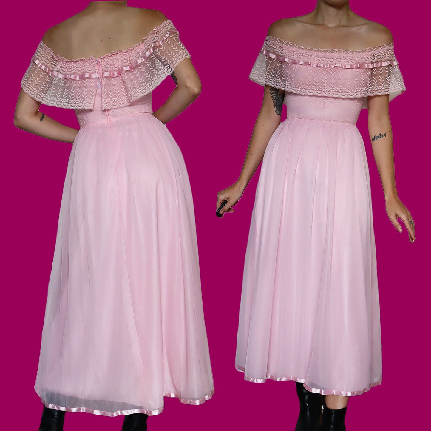 Baby pink 70s lace off shoulder dress UK 8