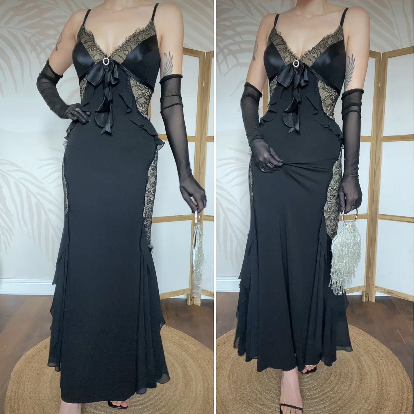 Dusk black stretch lace evening dress UK 12