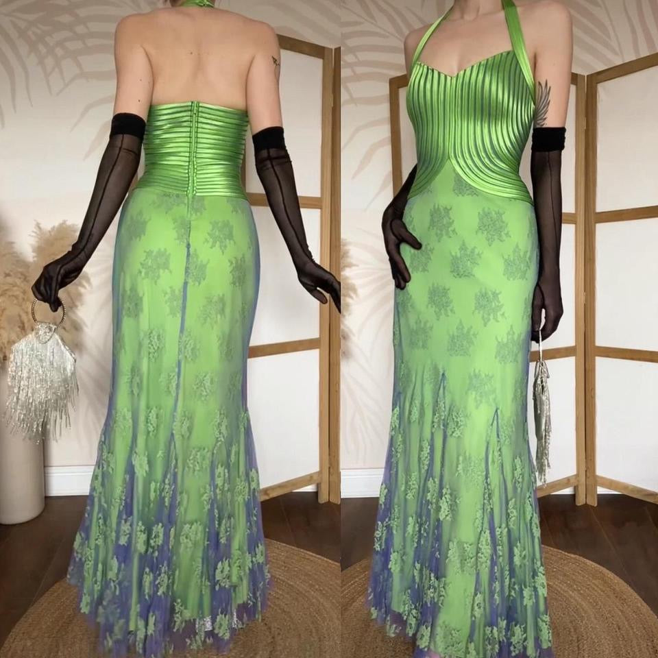 Electric green stretch lace halter-neck evening dress uk 12
