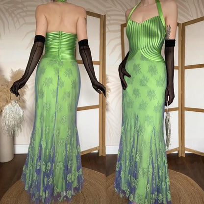 Electric green stretch lace halter-neck evening dress uk 12
