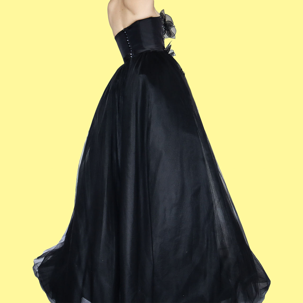 Vintage black Hilary Morgan A-line strapless ball gown prom dress UK 6/8