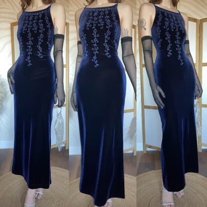 Navy velvet stretch bodycon 90s dress uk 10-12