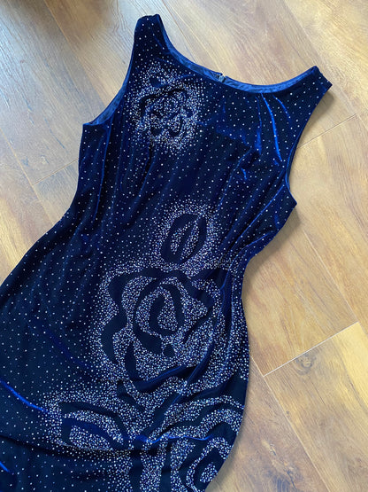 Frank Usher navy velvet beaded dress & shawl uk 14