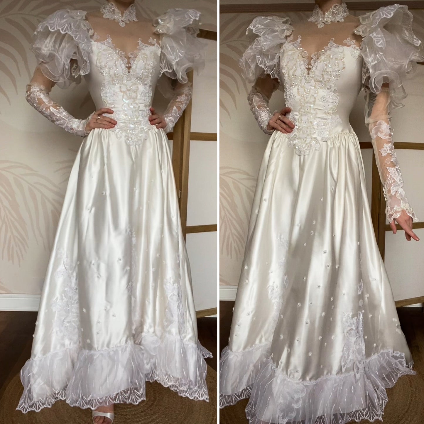 80s lace satin wedding dress with removable sleeves UK 10