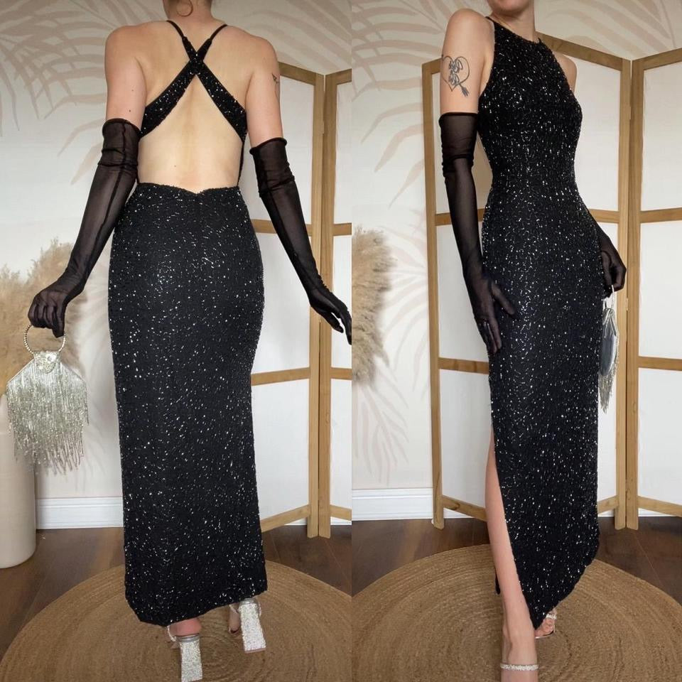 Marina black beaded open back evening dress uk 8
