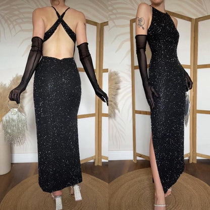 Marina black beaded open back evening dress uk 8
