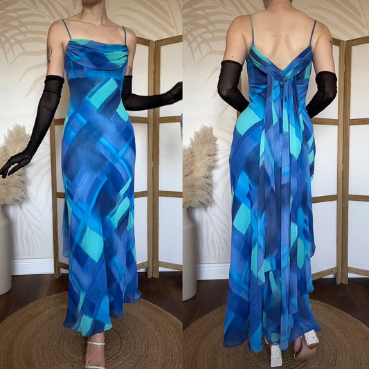 Betsy & Adam blue print evening dress UK 8