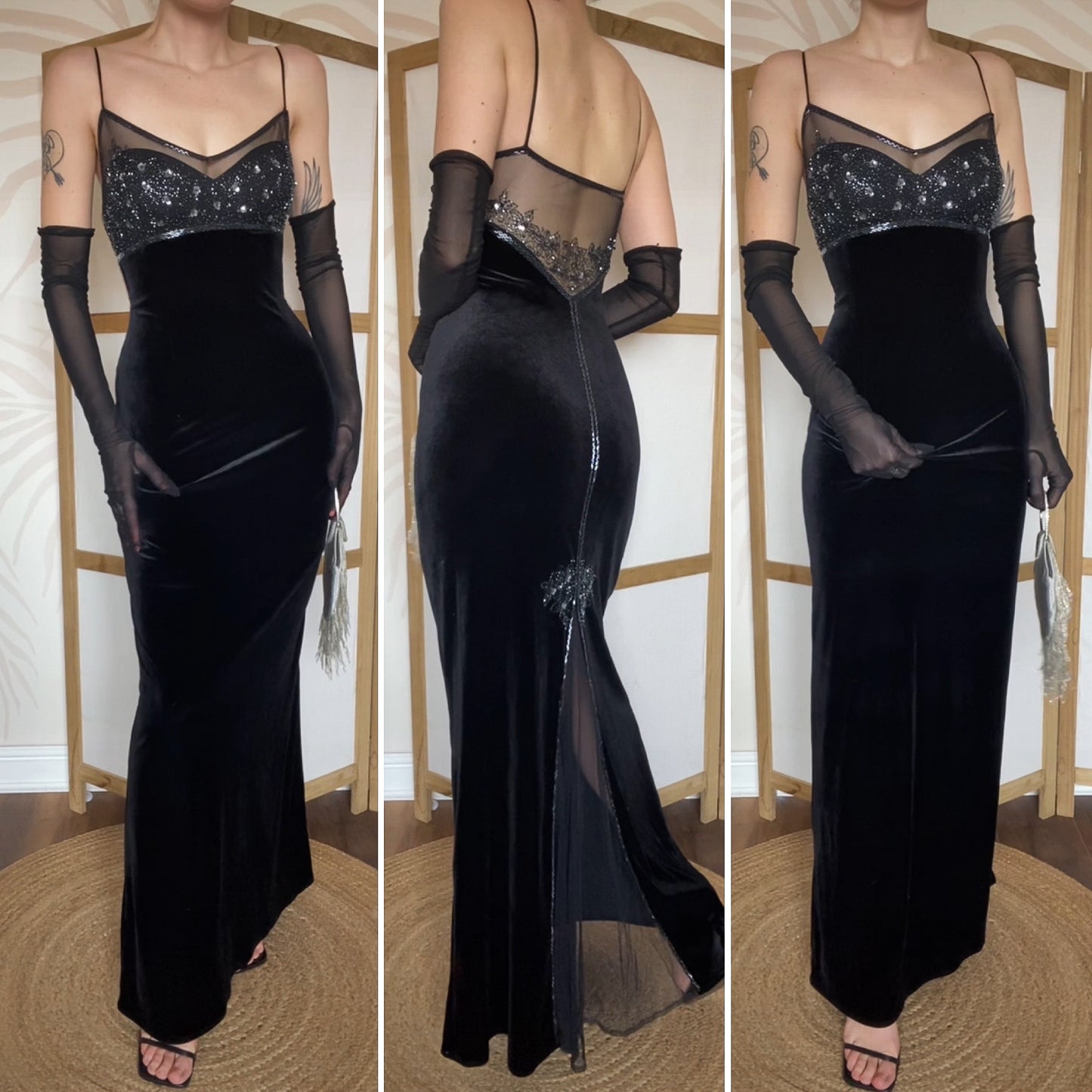 Black Dave & Johnny velvet beaded stretch evening dress UK 14