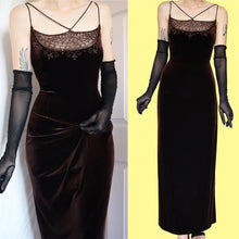 Load image into Gallery viewer, Vintage 90s Dave &amp; Johnny Brown Velvet Beaded Evening Gown UK Size 16
