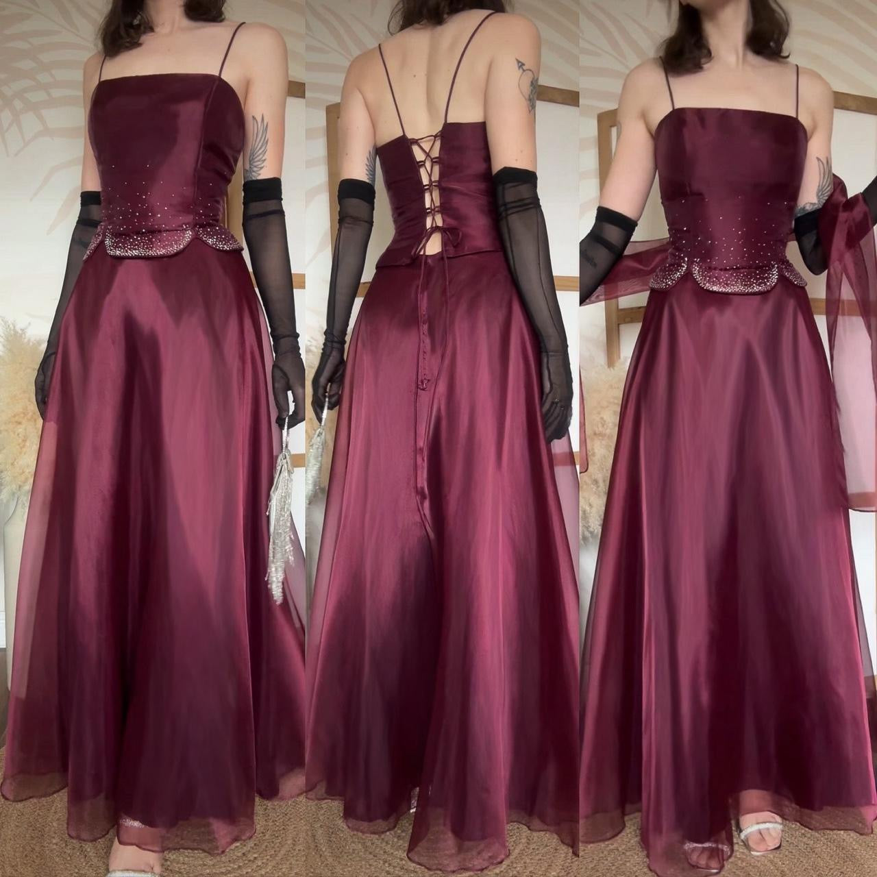 Burgundy organza 3-piece top, skirt & shawl prom set uk 10-12