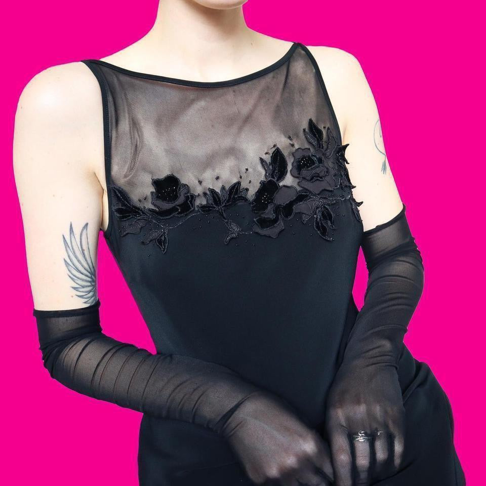 Black sheer back floral detail evening dress uk 8