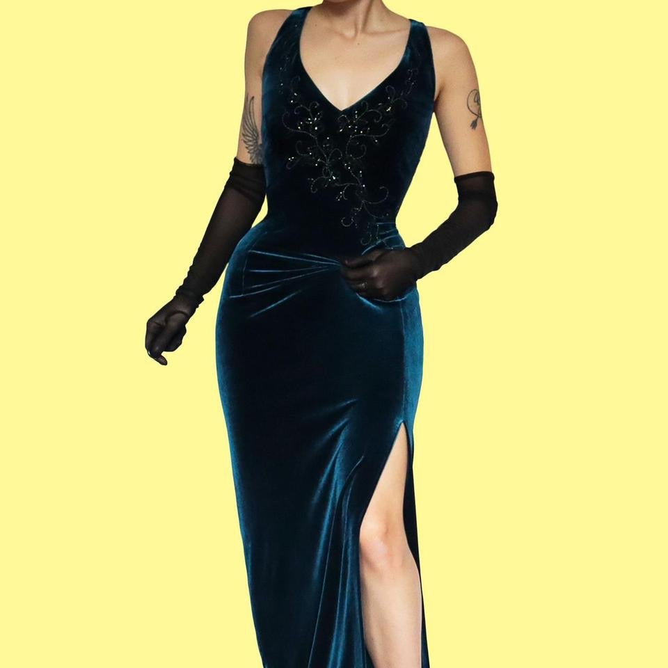 Teal John Charles velvet evening dress UK 12